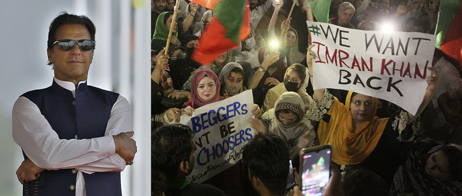 Anhängare till den avsatta premiärministern Imran Khans parti deltar i en demonstration i Peshawar, Pakistan, söndagen den 10 april 2022.