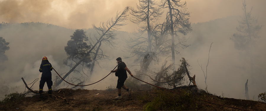Skogsbrand i byn Ellinika på ön Evia, norr om Aten, Grekland, måndagen den 9 augusti 2021.