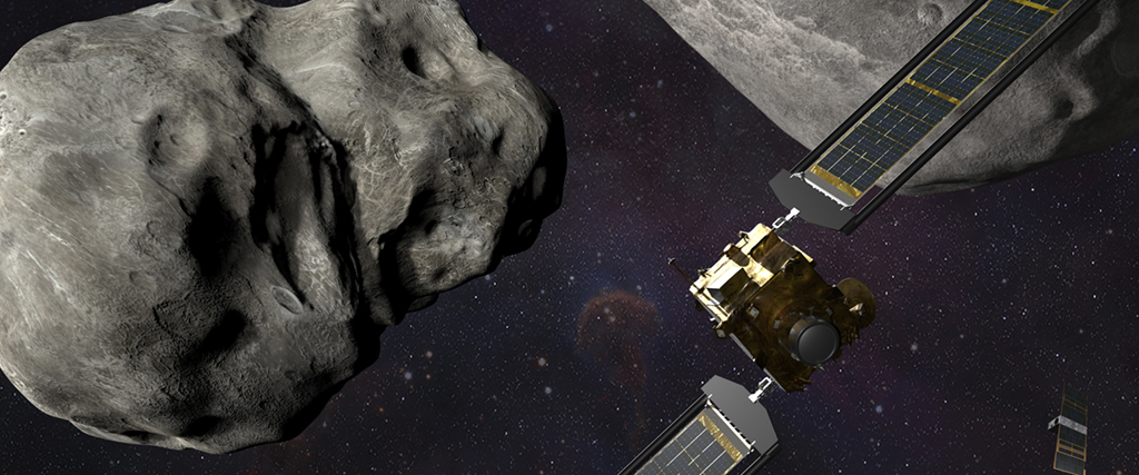 llustration som visar NASA:s Dart-sond vid Didymos-systemet innan nedslaget med asteroiden Dimorphos.