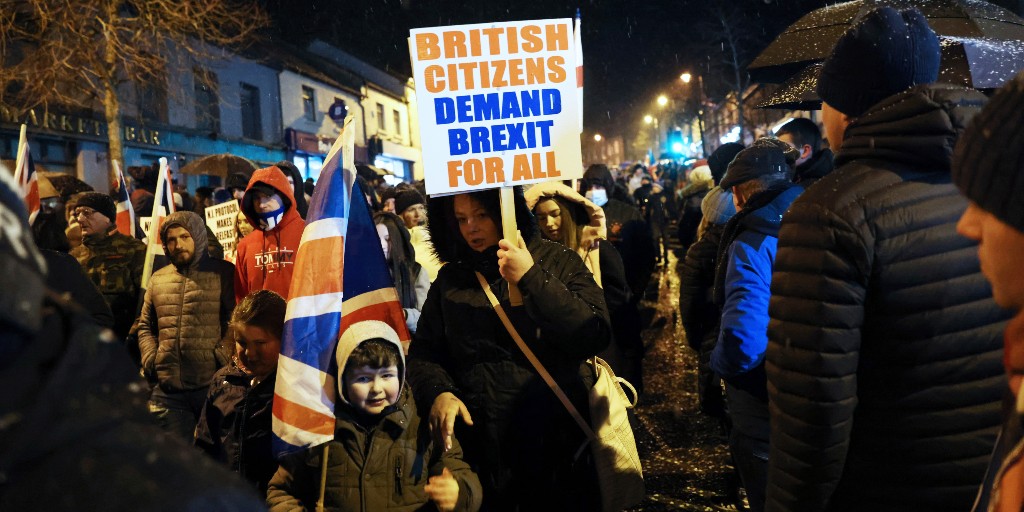 En protest mot Nordirlandsprotokollet i Markethill, Nordirland i februari i år.