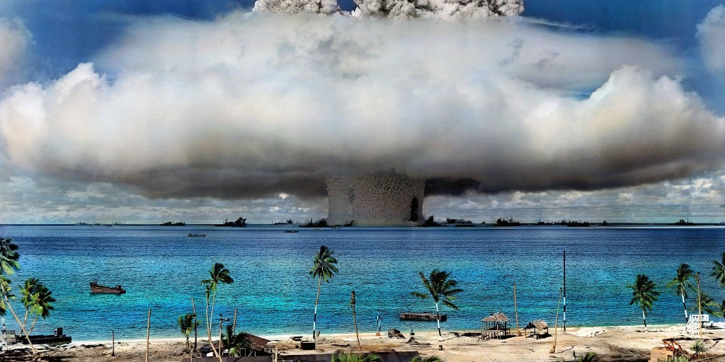 Ett kärnvapen detonerar på Bikiniatollen i Marshallöarna 1946 (fotot har färgsatts).