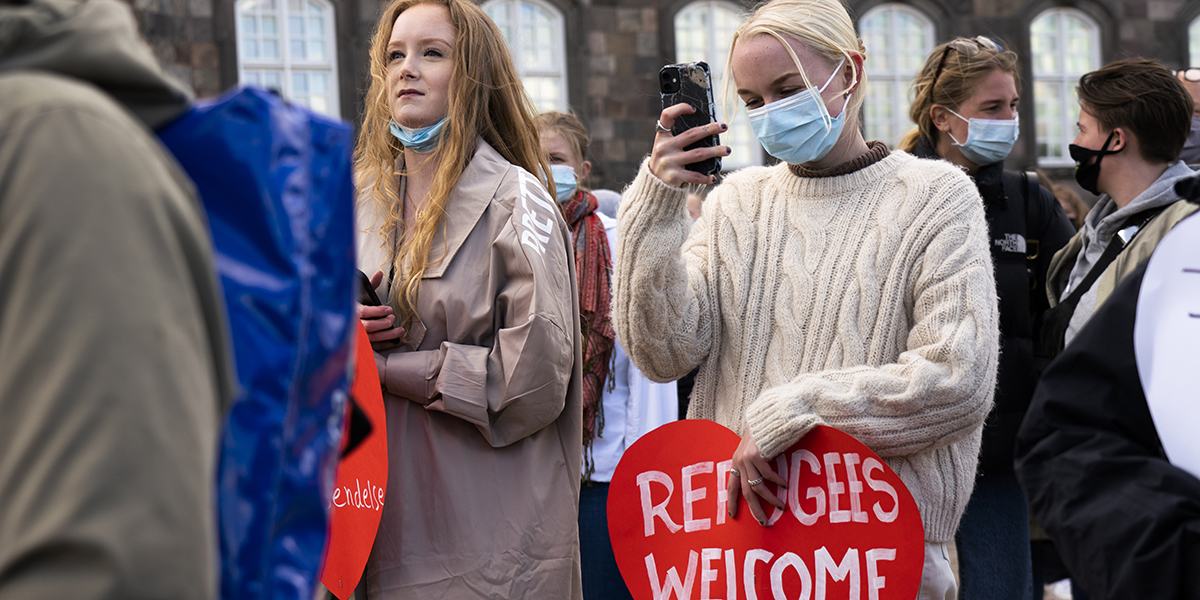 Demonstration mot skärpningen av Danmarks migrationspolitik, Köpenhamn, Danmark, 21 april 2021.