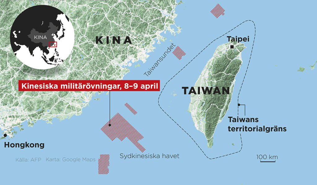 Kinesiska militärövningar nära Taiwan den 8-9 april.