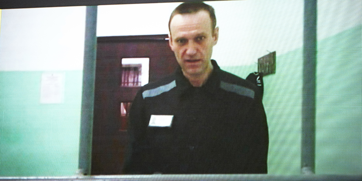 Aleksej Navalnyj i juni under ett förhör över videolänk.