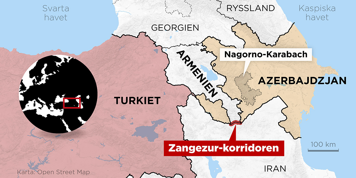 Kartan visar en tilltänkt transportväg genom Armeniens provins Siunik som Azerbajdzjan kallar Zangezur-korridoren, då den korsar bergskedjan Zangezur.