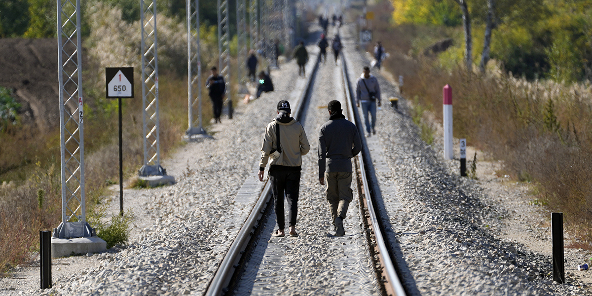   EU-sugna migranter vandrar längs järnvägsspåren nära gränsen mellan Serbien och Ungern.