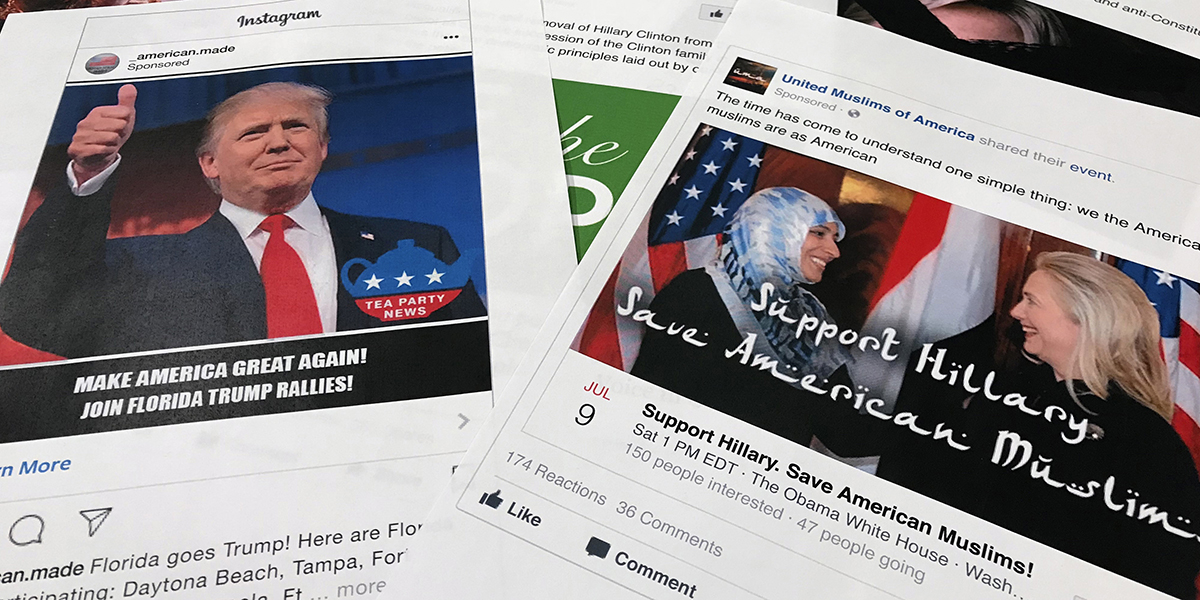 Några av Facebook- och Instagram-annonserna kopplade till ett ryskt försök att störa den amerikanska politiska processen och väcka spänningar kring splittrande sociala frågor, november 2017.
