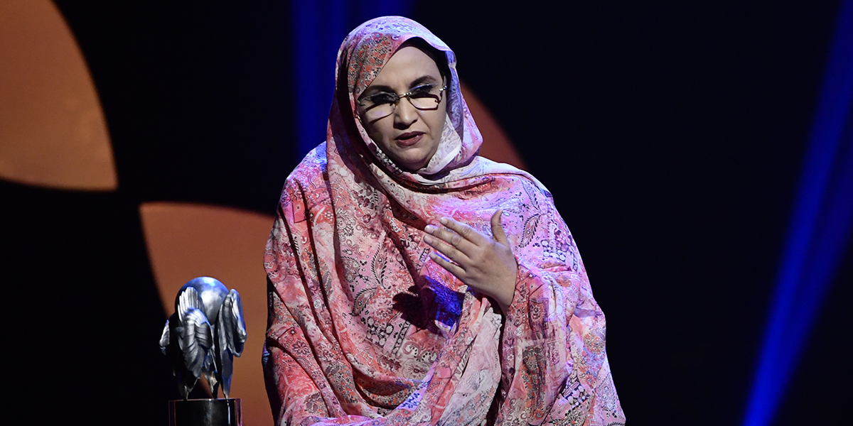 Aminatou Haidar vid utdelningen av Right Livelihood-priset 2019 i Stockholm 2019.