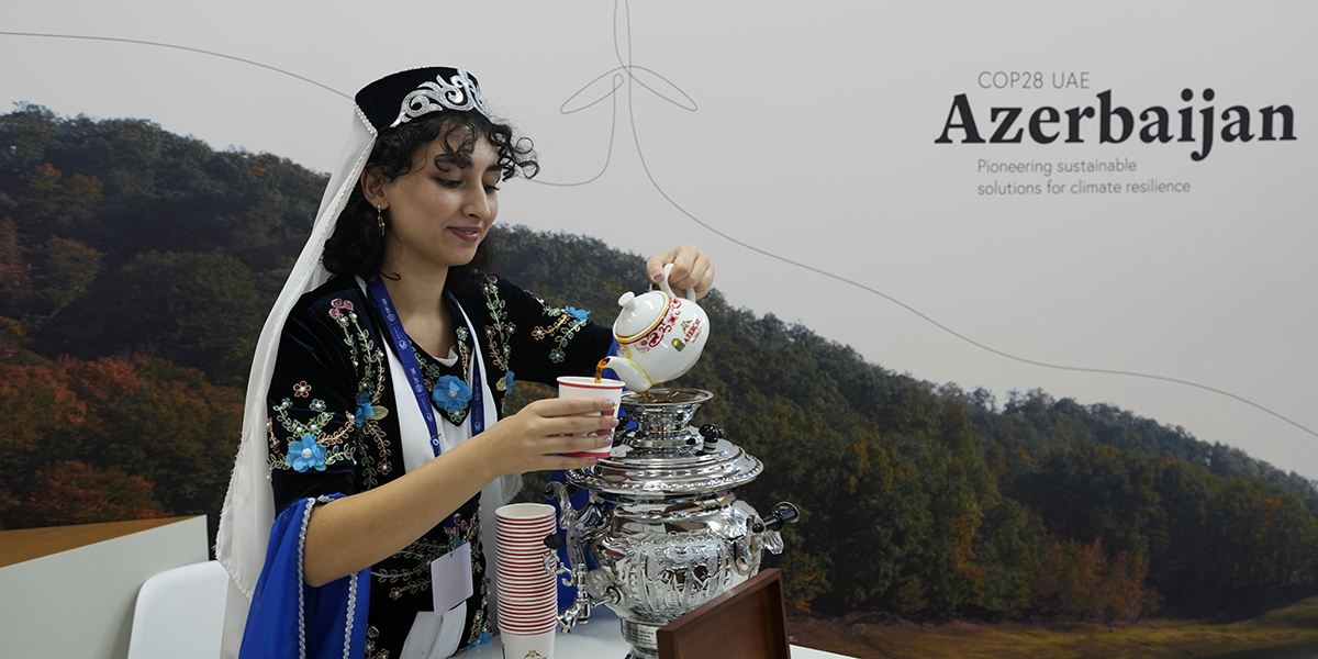 Azerbajdzjan-paviljongen vid FN:s klimattoppmöte COP28, söndagen den 10 december 2023, i Dubai, Förenade Arabemiraten.