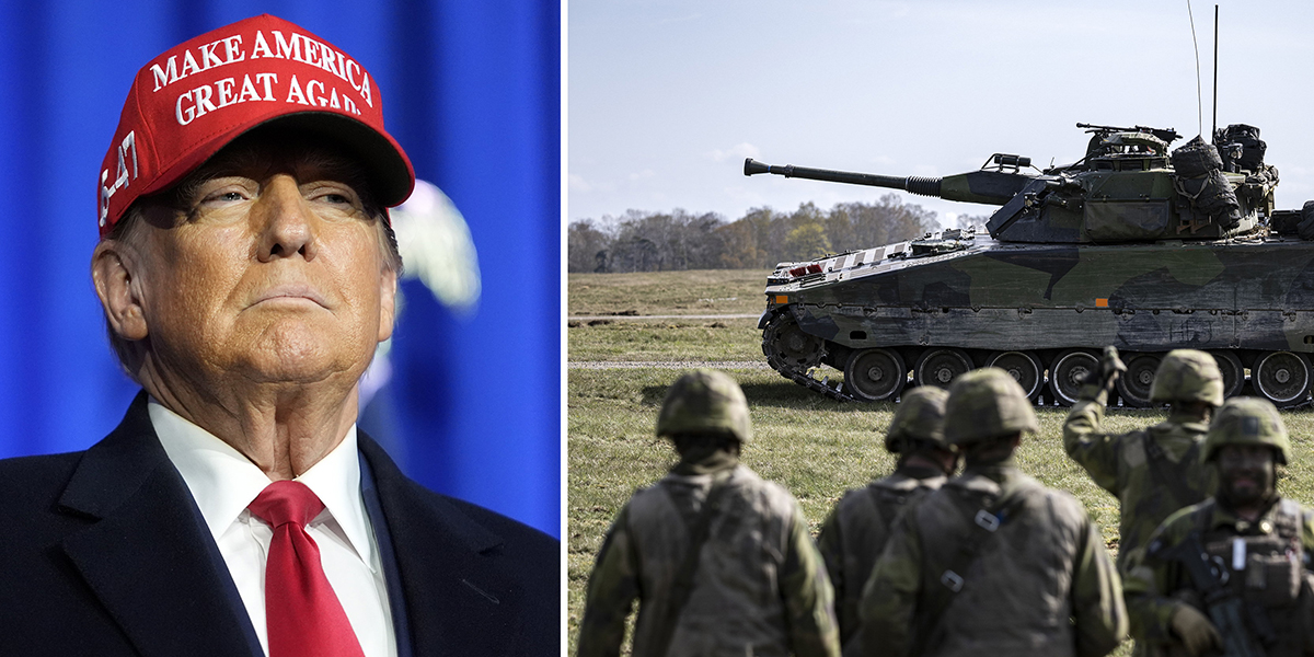 Donald Trump med röd keps med texten lake America great again. Strisvagn med soldater.som president är en av dem. Foto: Paul Sancya/AP Johan Nilsson/TT
