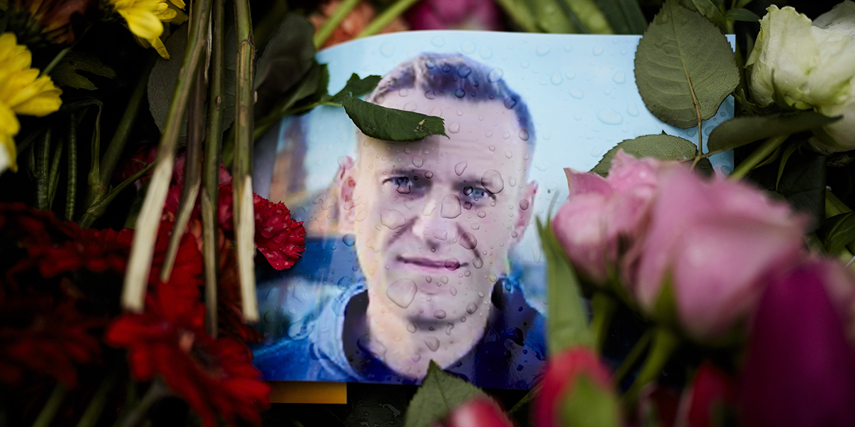 Foto på Aleksej Navalnyj med blommor runt omkring