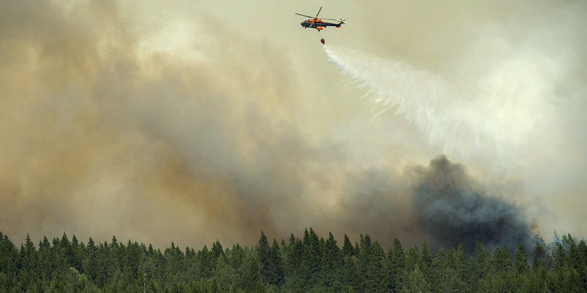 Helikopter vattenbombar skogsbrand