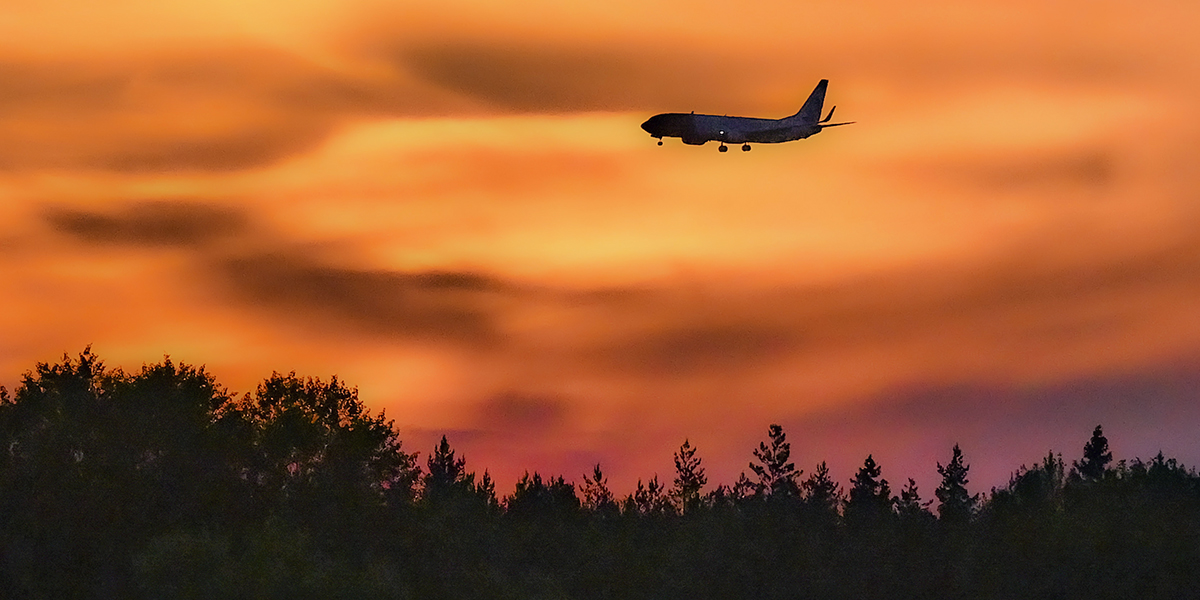 Flygplan över skog i solnedgång