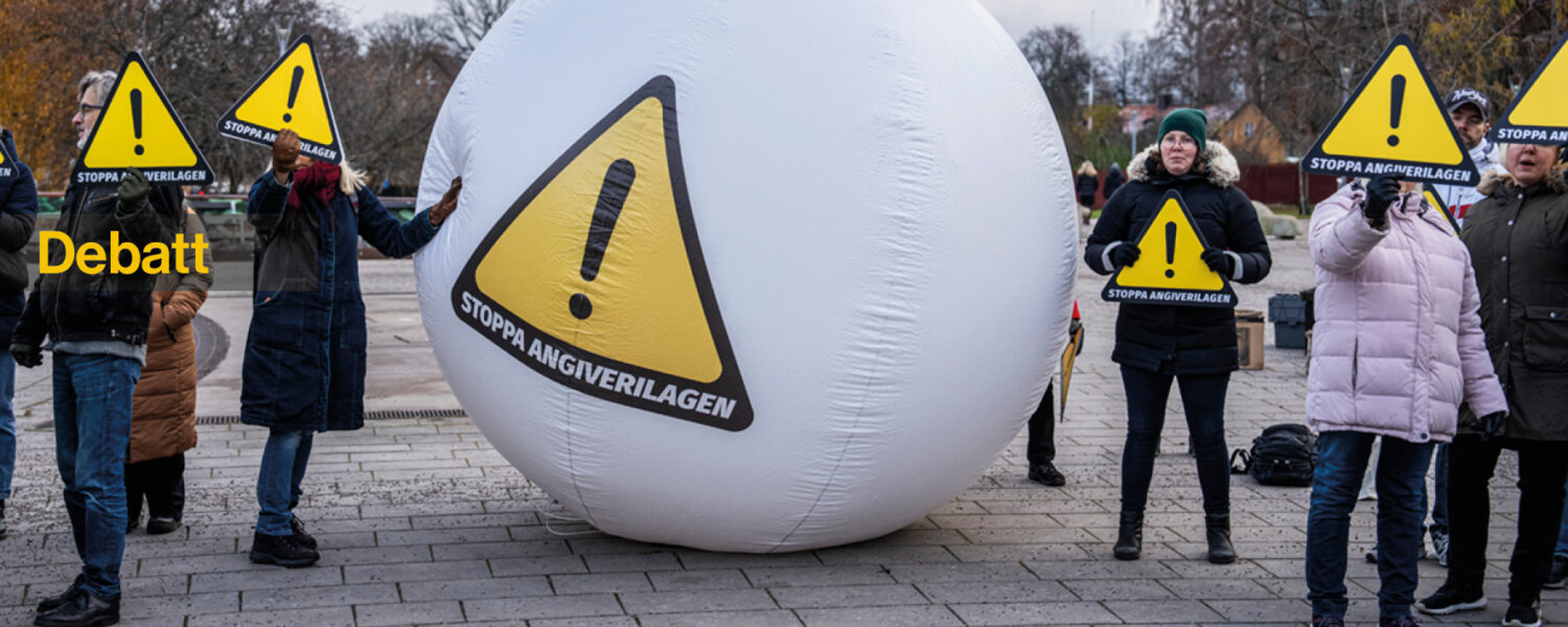 Demonstration Stoppa angiverilagen, under Liberalernas landsmöte i Linköping 2023.