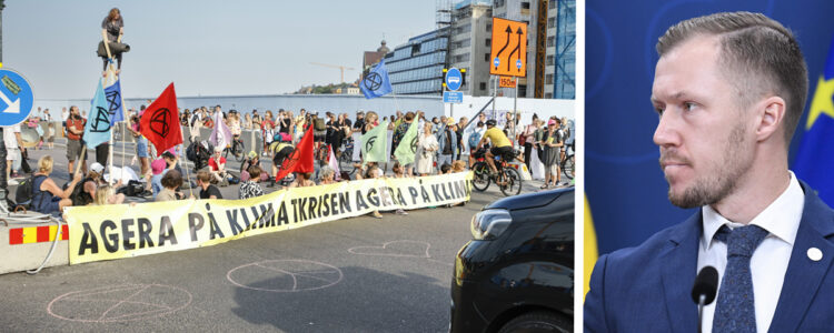 Vägblockad av demonstranter, och bild på Pontus Andersson Garpvall.
