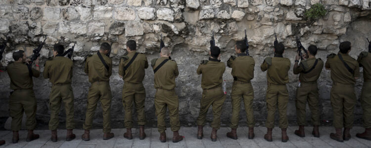 soldater framför mur