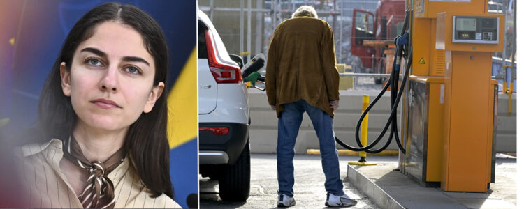 Romina Pourmokhtari och en man som tankar en bil