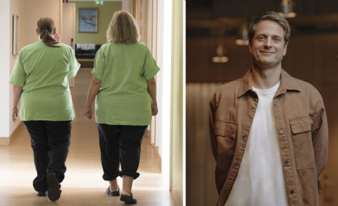 Två undersköterskor bakifrån och Sebastian Siemiatkowski