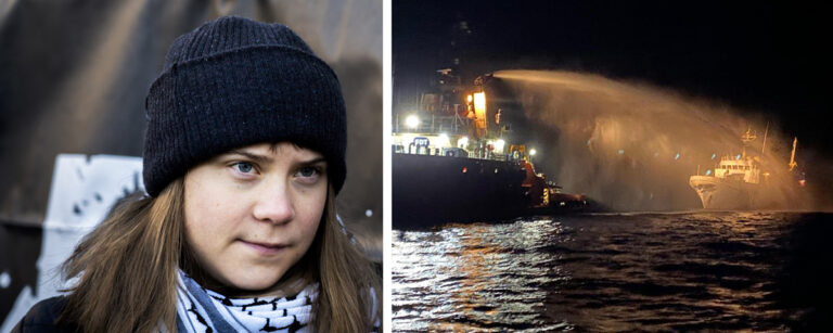 Greta Thunberg och bild på fartygsbrand