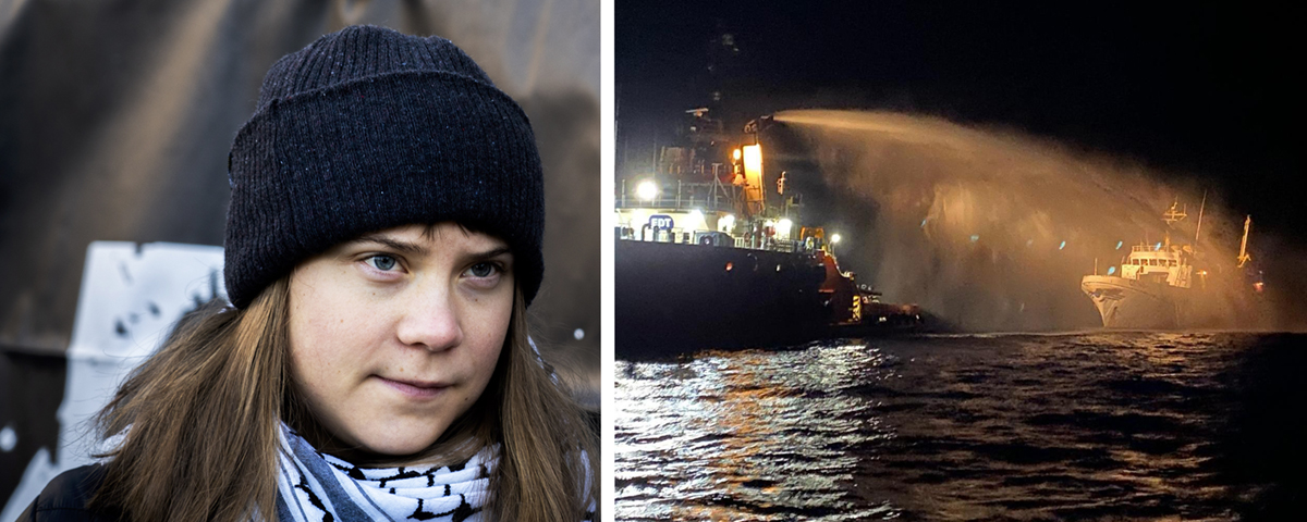 Greta Thunberg och bild på fartygsbrand