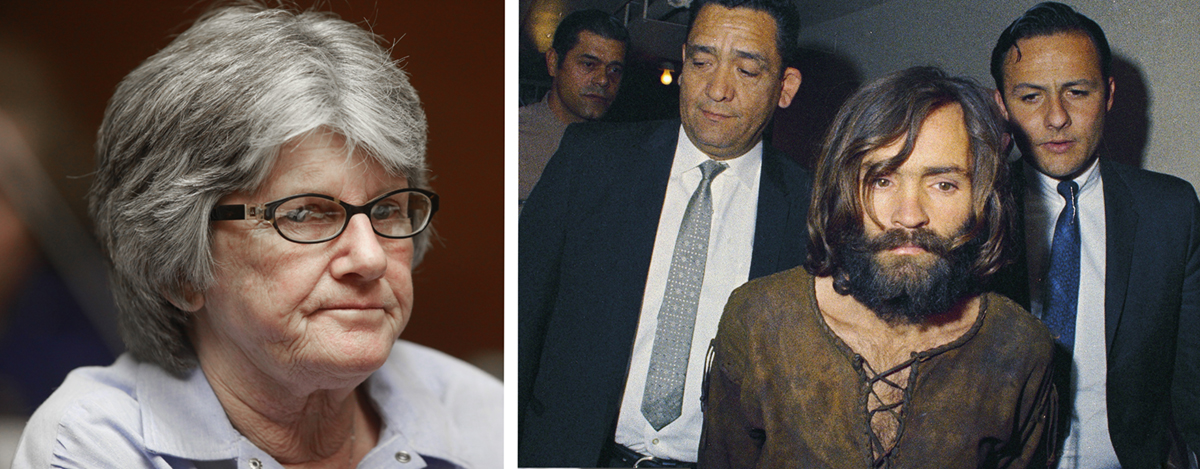 Patricia Krenwinkel och Charles Manson, eskorteras av två vakter