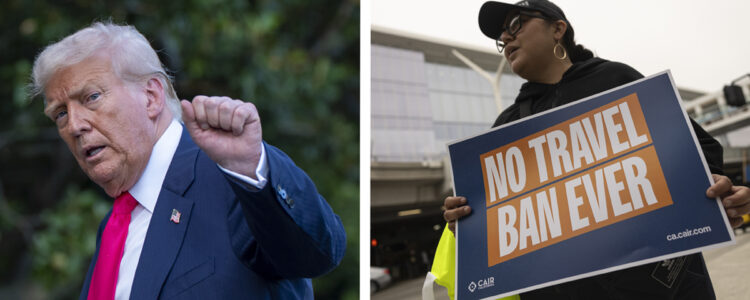 Donald Trump och demonstrant med plakat