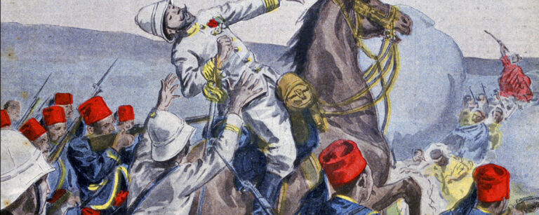 En bild som visar en fransk militärofficers död omgiven av senegalesiska tirailleurs i slaget vid Kousséri år 1900