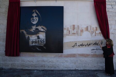 Muralmålning av Shireen Abu Aklehm, och en kvinna som fotar den på högra sidan.