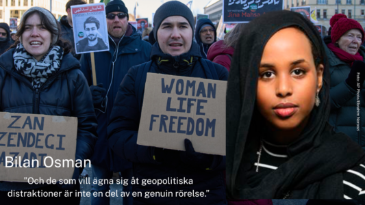 Porträtt på Bilan Osman, i bakgrunden demonstrationer till stöd för Irans proteströrelse.