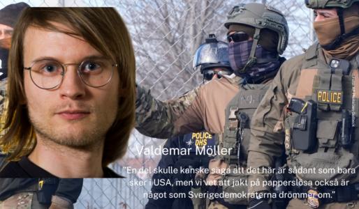 Valdemar Möller till vänster, i bakgrunden flera maskerade ICE-agenter.