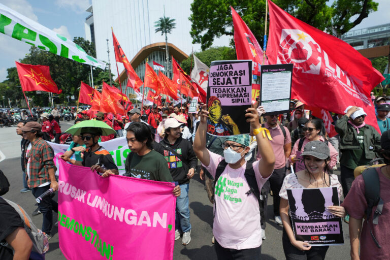 Demonstranter med rosa banderoll och många röda flaggor.