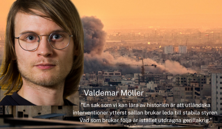 Valdemar Möller med bild från bombning av Teheran i bakgrunden.