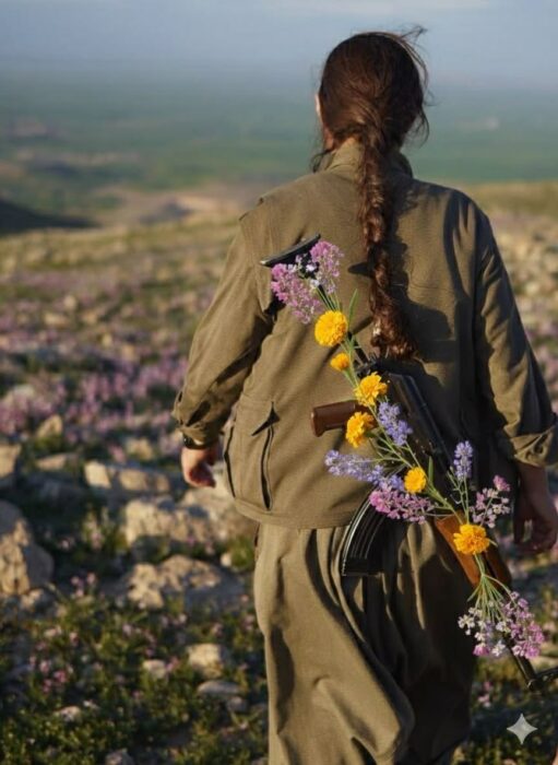 Kurdisk kvinna fotad bakifrån, med lång fläta, och blommor på sitt vapen.