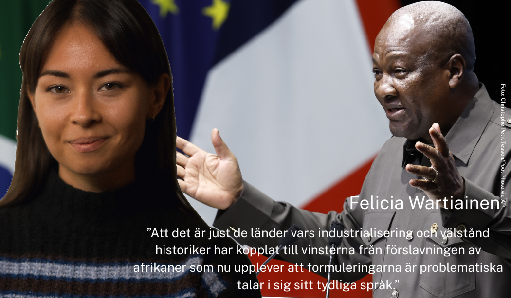 Felicia Wartiainen i porträtt, John Dramani Mahama i bakgrunden.
