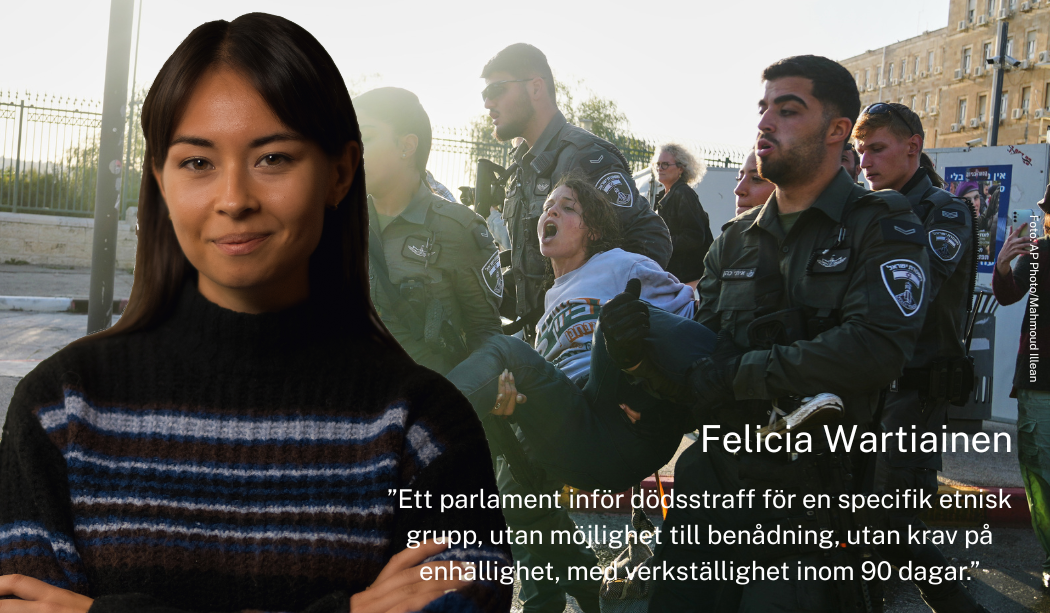 Felicia Wartiainen, i bakgrunden bär israelisk polis bort en demonstrant.