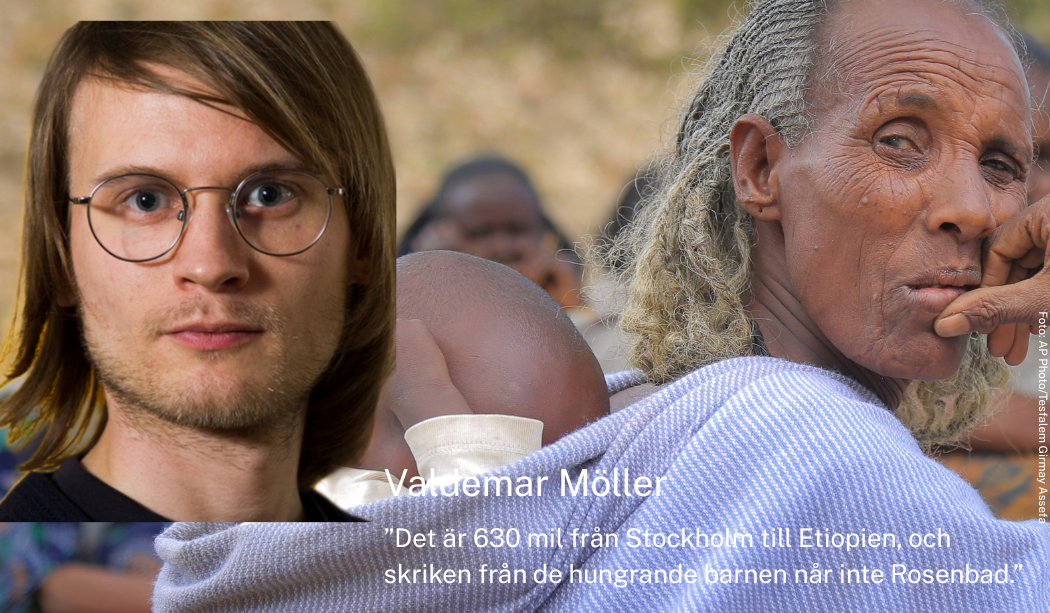 Valdemar Möller, i bakgrunden en kvinna med barn på ryggen.