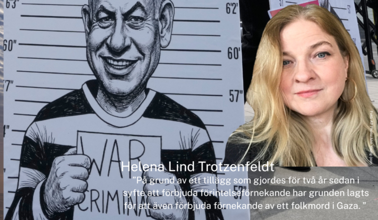 Helena Lind Trotzenfeldt, i bakgrunden plakat på bild av Netanyahu.