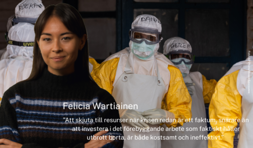 Felicia Wartiainen, i bakgrunden sjukvårdspersonal i skyddsutrustning.