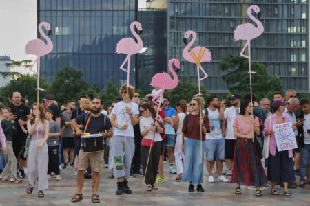 Människor som protesterar håller i bilder på flamingo.