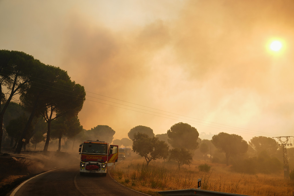 Brandbilar på en väg, en skogsbrand har färgat himlen orange.