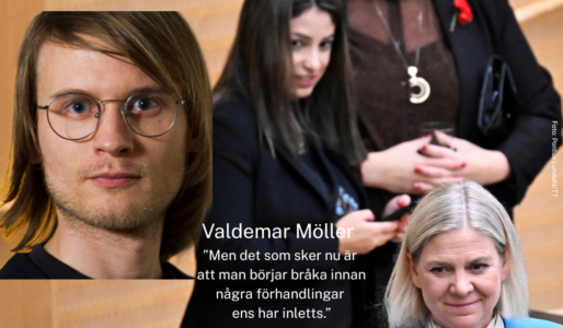 Nooshi Dadgostar sneglar på Magdalena Anderssons ryggtavla.