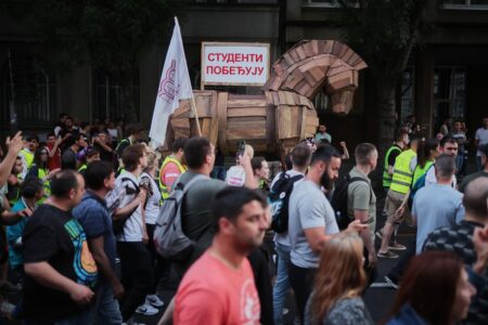 Demonstration med häst i trä, en trojansk häst.